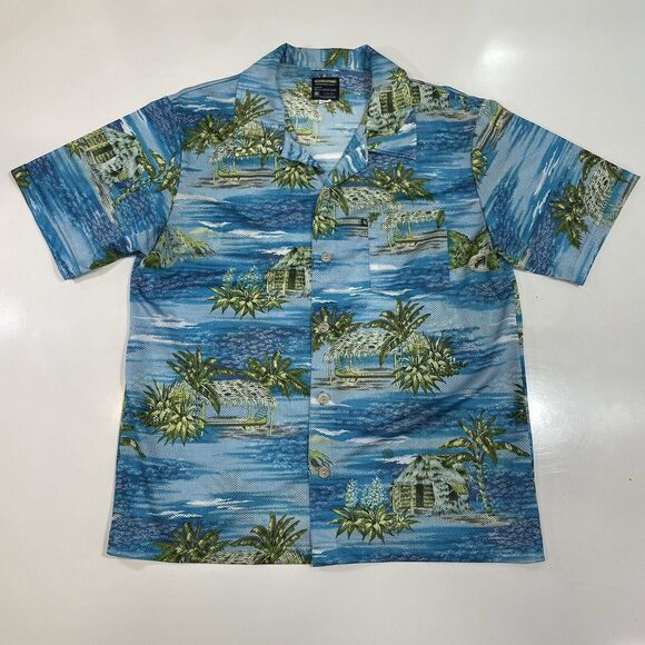 Quiksilver Men’s Hawaiian Camp Shirt Palm Tree Beach Aloha Blue Mesh Sz Lg - Picture 1 of 7